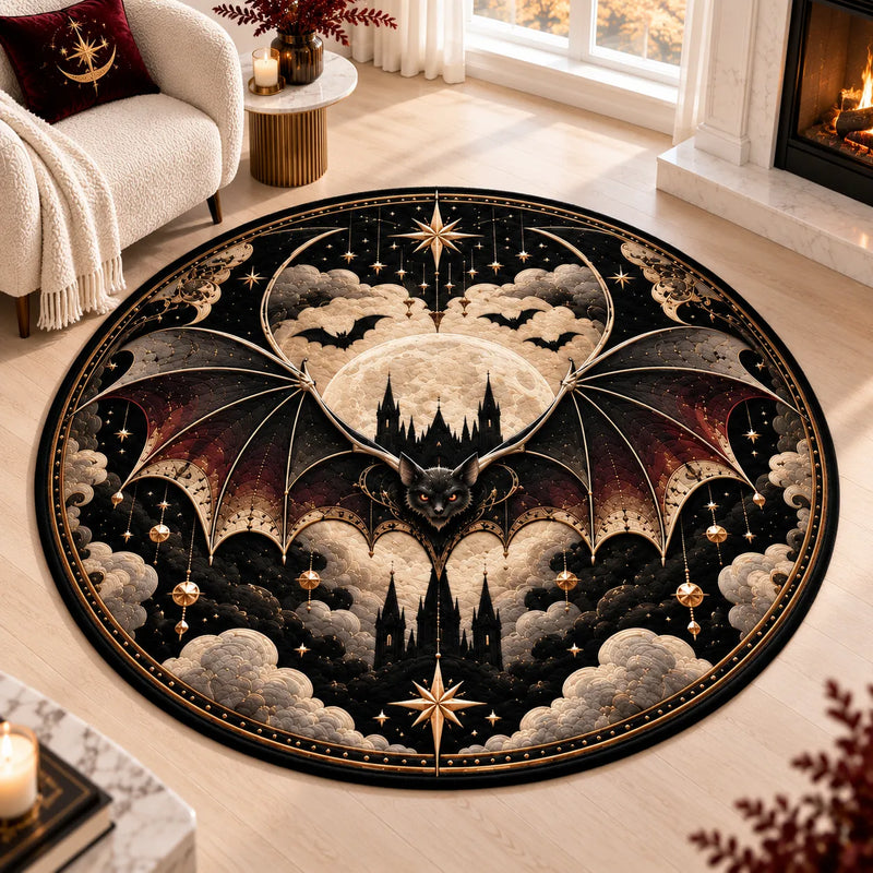 Nocturne Medallion - Moonlit Bat Rug in Obsidian and Gold