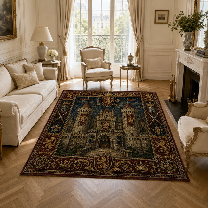 Stone Keep and Rampant Lions - Heraldic Tapestry Floor Composition