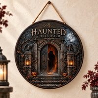 Haunted Threshold - Gothic Doorway Round Wood Sign
