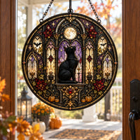Moonlit Cathedral - Black Cat Round Window Hanging