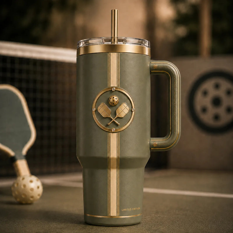 Court Crest - Gold Paddle Emblem on Olive Drinkware