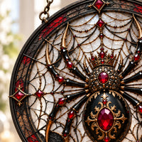 Crowned Arachne - Ruby and Obsidian Round Window Hanging