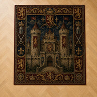 Stone Keep and Rampant Lions - Heraldic Tapestry Floor Composition